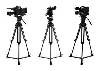 Modern video camera with tripod on white background, set. Professional photographer's equipment