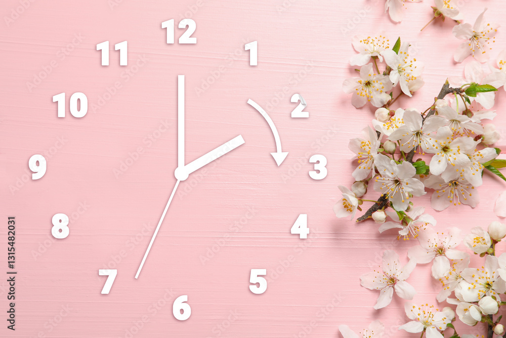 Poster clock and flowers on pink wooden background, top view. arrow showing time change one hour ahead in s