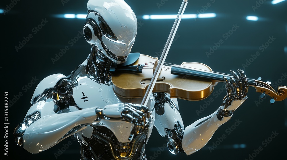 Poster humanoid robot showcasing intricate metallic hands tech lab digital art futuristic environment close
