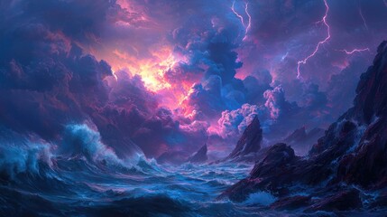 Fototapeta premium Dramatic ocean storm scene with vibrant pink and purple clouds, lightning, and crashing waves against dark rocky coast.