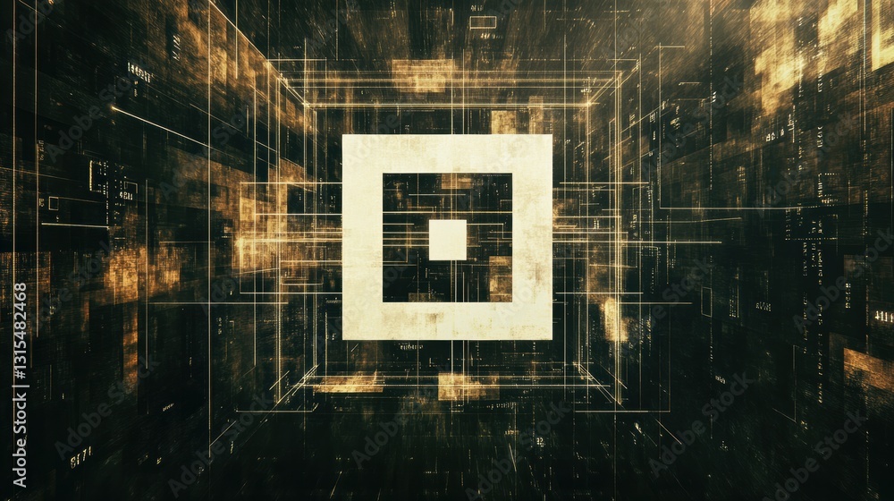 Poster Centered white computer icon over abstract digital backdrop showcasing technology and data processing with room for text placement