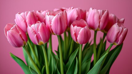 Fototapeta premium Delightful pink tulip bouquet isolated on a pastel background celebrating spring, perfect for floral arrangements, nature lovers, and special occasions like Valentine's Day and Mother's Day.