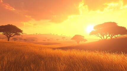 Obraz premium Golden sunset over African savanna grassland.