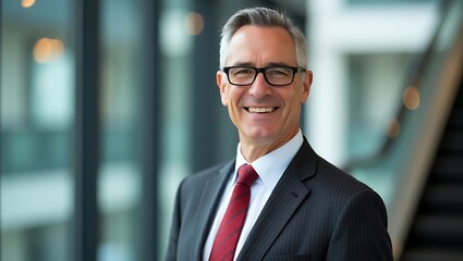 Fototapeta premium A confident middle-aged businessman with gray hair and glasses, wearing a dark pinstripe suit, white shirt, and red tie, standing in a modern corporate office.