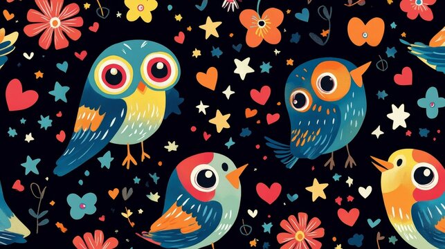 Whimsical birds pattern fantasy world cartoon art colorful atmosphere close-up view playful concept