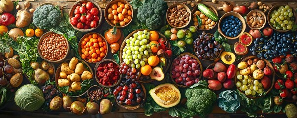 Colorful variety of healthy organic bowls filled with fruits nuts and vegetables promoting a vibrant lifestyle and nutrient-rich alimentary choices