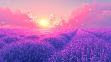 Fototapeta premium Vibrant sunset over a purple lavender field.