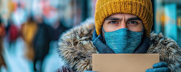 Occupation help during epidemic quarantine a man in a medical mask promotes prevention of virus infection overcoming idleness not being a loser