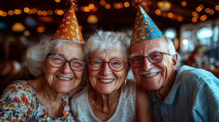 Three elderly people wearing party hats, smiling and sitting inside. Concept of celebration and happiness. For depicting joyful moments in senior life.