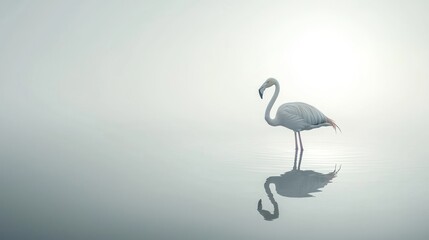 Solitary flamingo reflected in calm water at sunrise.