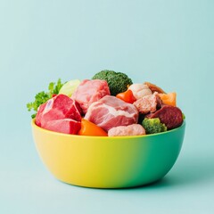Brightly colored dog bowl with an assortment of fresh meats and vegetables for canine health
