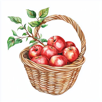 A beautiful wicker garden basket of red apples and a small branch of apple tree. Hand-drawn watercolor illustration. Watercolor garden clipart