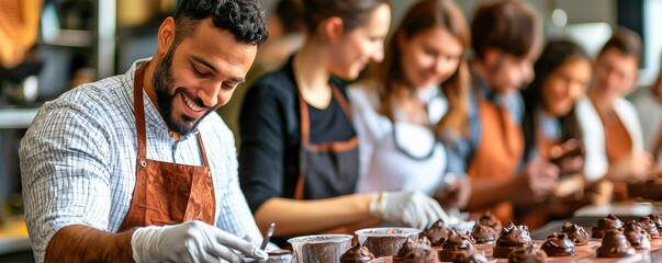 A participant man in an apron and glove enjoying a chocolate making workshop lesson focused on learning delicious food skills