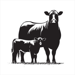 Cow, bull, cow and calf silhouette vector, drawing artwork