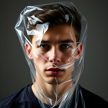 Young Man with a transparent plastic bag on his head. suffocate. face in a plastic bag, strangulation