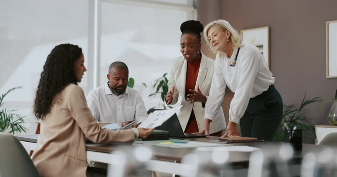 Hiring, conversation and business people in meeting, team and human resource management. Group, technology and employees in workplace, laptop and documents for report, job opportunity and recruitment