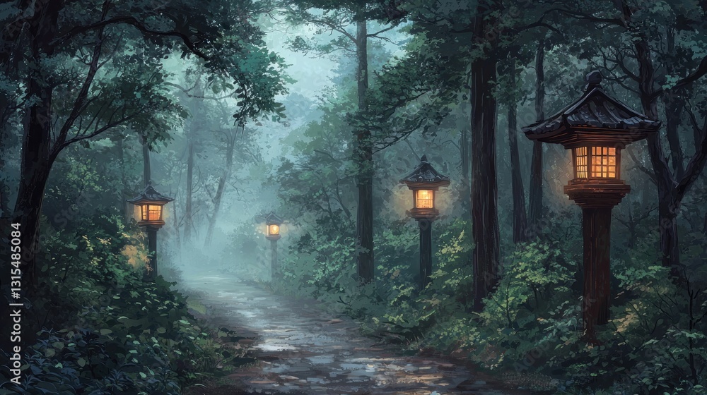 Poster misty forest path with illuminated lanterns.