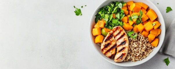 High-protein meal with grilled turkey, brown rice, and pumpkin
