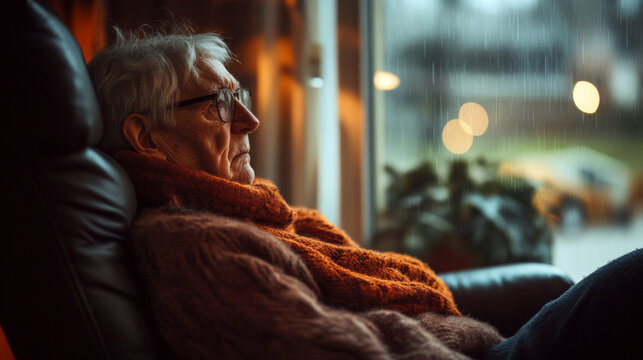 Elderly man with glasses and scarf sits on a chair, looking out a rainy window with blurred lights. Concept of contemplation and solitude. For a retirement lifestyle photo.