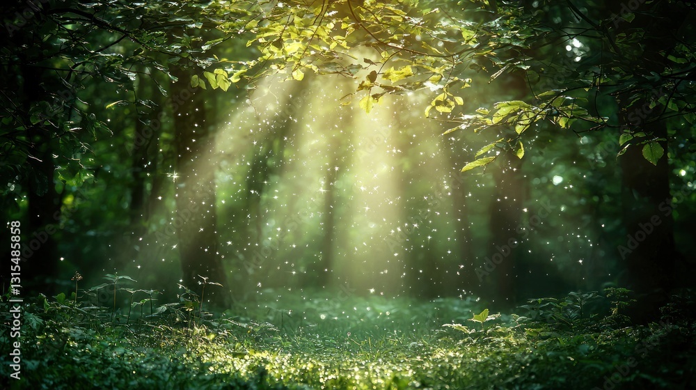 Poster sunbeams illuminate a mystical forest, creating a magical atmosphere with floating particles.