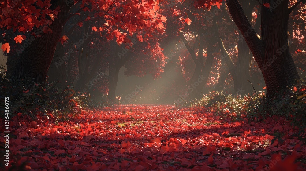 Poster sunlit path through red autumn forest.