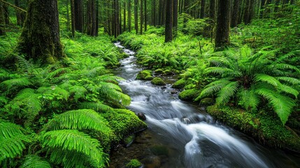 Lush green forest stream flowing through ferns and moss.