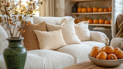 Charming autumn fall decor in a cozy living room featuring a white sofa adorned with throw pillows, a wooden table, and delightful pumpkins for a perfect seasonal touch