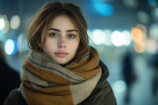 Young woman with light brown hair wearing a large scarf, standing in a city at night with blurred lights in the background