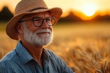 Fototapeta premium Elderly man with glasses and straw hat enjoying a sunset in a golden wheat field
