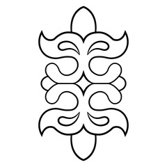 Abstract geometrical ornament with floral motifs. Ancient Siberian ethnic design. Pazyryk culture. Black and white linear silhouette.