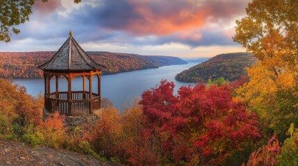 Naklejka premium Admiring wooden pagoda hillside overlook gigapixel view serene landscape elevated perspective