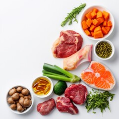 Freshly cut raw meat, vegetables, and omega-rich fish oil in a holistic dog nutrition concept
