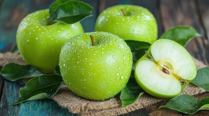 Fresh green apples with water droplets on rustic wood.