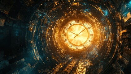 Golden clock in futuristic tunnel