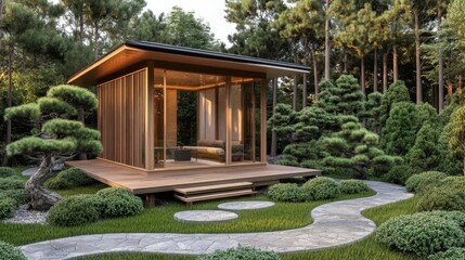 Discovering serenity wooden teahouse peaceful garden gigapixel art tranquil nature aesthetic view artistic concept
