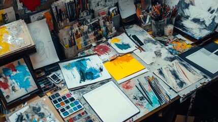 Organizing creative chaos home office workspace clutter digital art studio overhead view design tools management