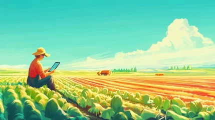 Fototapete Innovative farming illustration: Modern farmer using tablet in a vibrant field landscape © Nurul wahidah