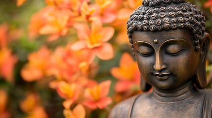 Serene Buddha Statue Amidst Orange Blossoms