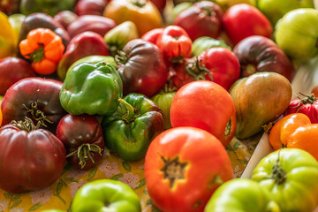Colourful assortment of tomatoes and peppers on a table.