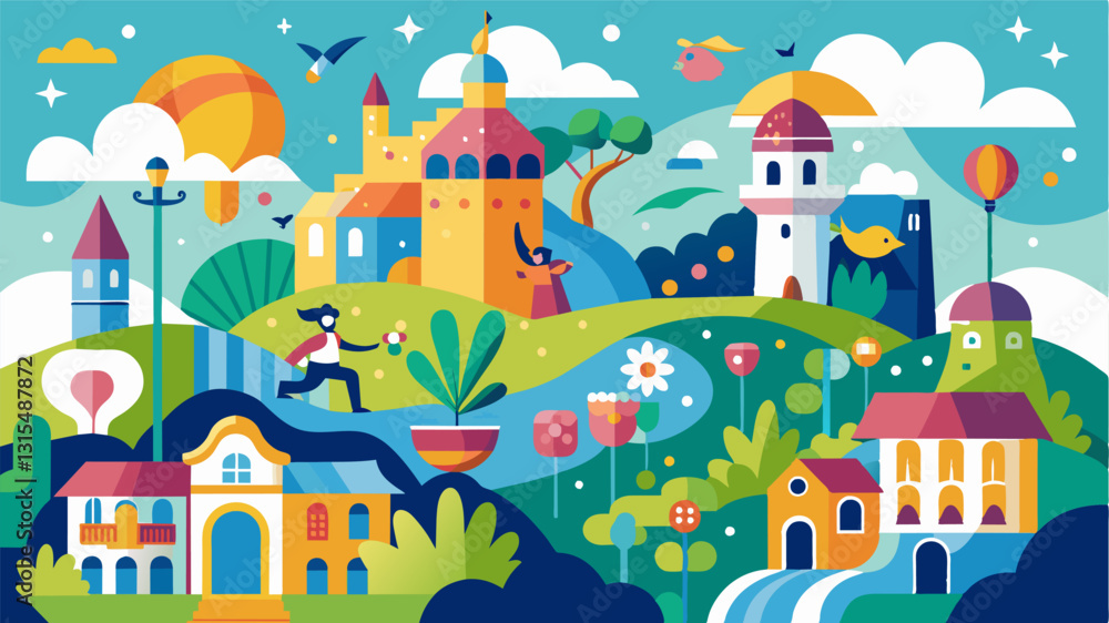 Poster a whimsical and imaginative mural showcasing the creativity and imagination of local residents.. vec