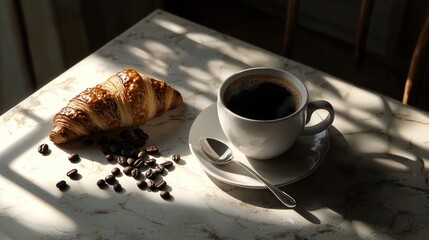 Coffee cup, croissant, beans on marble table in sunlight.