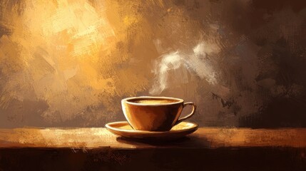 Steaming coffee cup on saucer in warm light.
