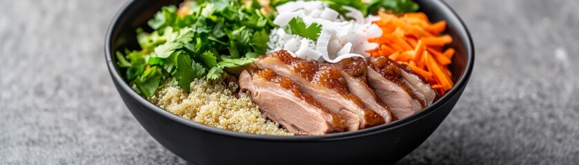 DIY dog meal with steamed duck, quinoa, and shredded coconut for an exotic nutritional boost