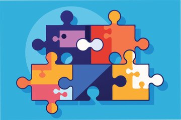 Fototapeta premium Colorful puzzle pieces fitting together in a playful arrangement on a light blue background showcasing creativity and problem-solving skills