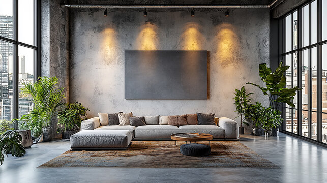 salon design avec mur en b&eacute;ton et grand canap&eacute;