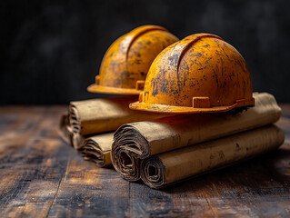 Casque de chantier sur des plans