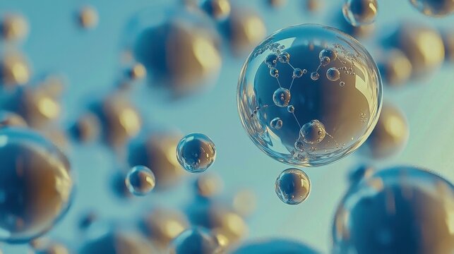 Light blue background featuring atoms and molecules representing biotechnology and chemistry in science showcasing deoxyribonucleic acid peptides and water for medical applications