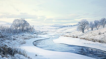 Obraz premium Serene winter river landscape with snow-covered banks and trees.