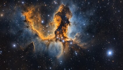 Fototapeta premium Cosmic nebula with orange and blue hues, starfield background.