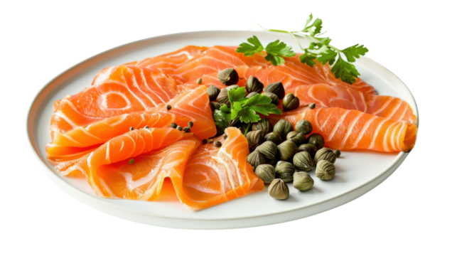 Smoked salmon slices with capers and parsley on white plate with transparent background